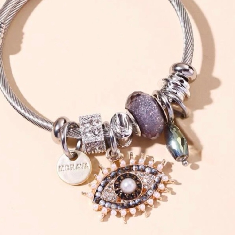 Rhinestone charm bangle bracelet stainless steel